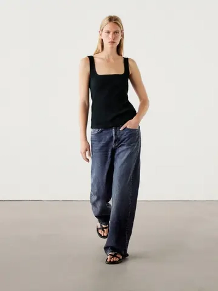 Massimo Dutti Топ в рубчик с квадратным вырезом, темно-синий