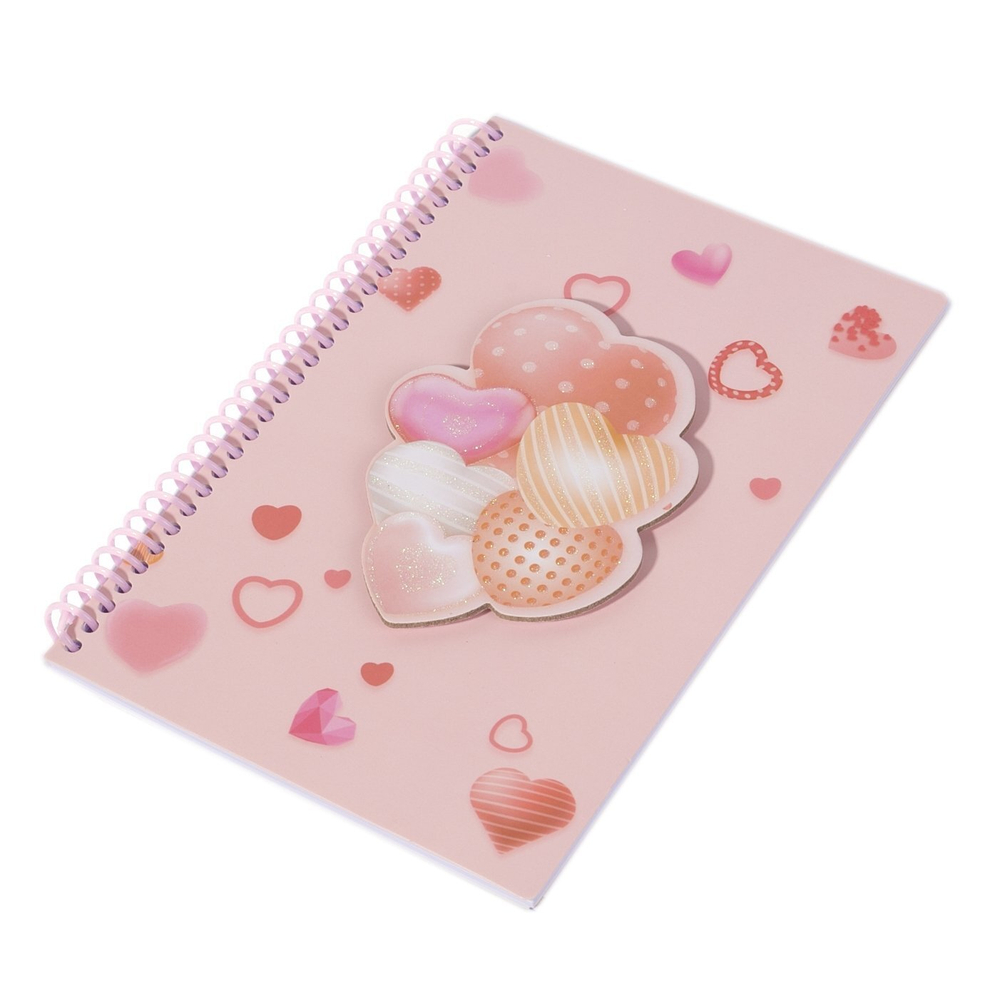 Блокнот в футляре 17,0 см * 22,0 см, гребень, Alingar, мел.картон, апплик., замочек, 60 л., линия, "Воздушные сердечки", розовый