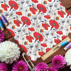 Ткань габардин насыщенные маки и цветы зреющей клубники