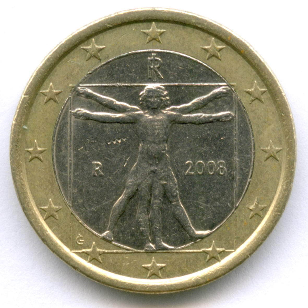 1 евро 2008 год. Италия. Регулярный выпуск. Тип 2. Биметалл VF-XF