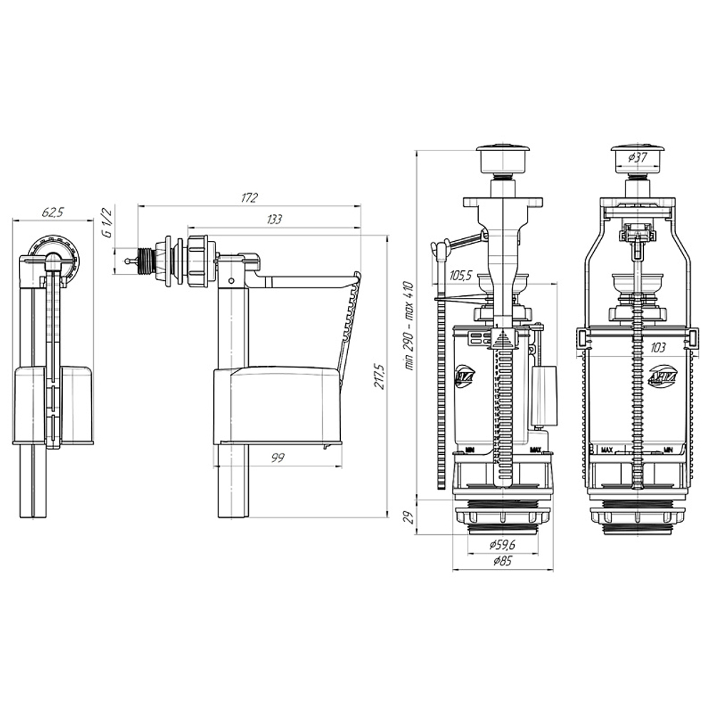 Набор с боковой подводкой Ани Пласт G 1/2", с пластиковым штуцером двойная металлизированная кнопка эконом (WC3050M)