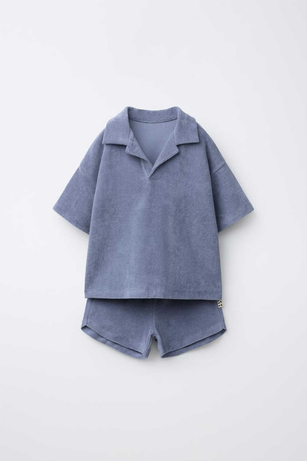 ZARA КОМПЛЕКТ ДЖОГГЕРЫ ПОЛО И ШОРТЫ ИЗ МАХРОВОЙ ТКАНИ, ВЫЦВЕТШИЙ СИНИЙ