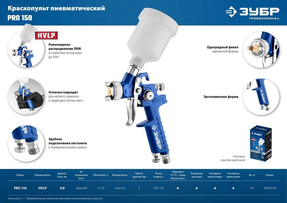 ЗУБР PRO 150, 0.8 мм, пневматический краскопульт с верхним бачком, Профессионал (06454-0.8)