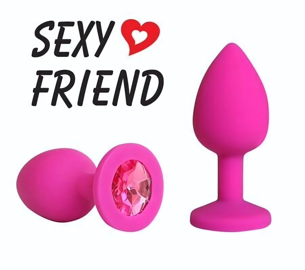 Розовая конусовидная анальная пробка с малиновым кристаллом - 7,3 см. (Цвет: малиновый)