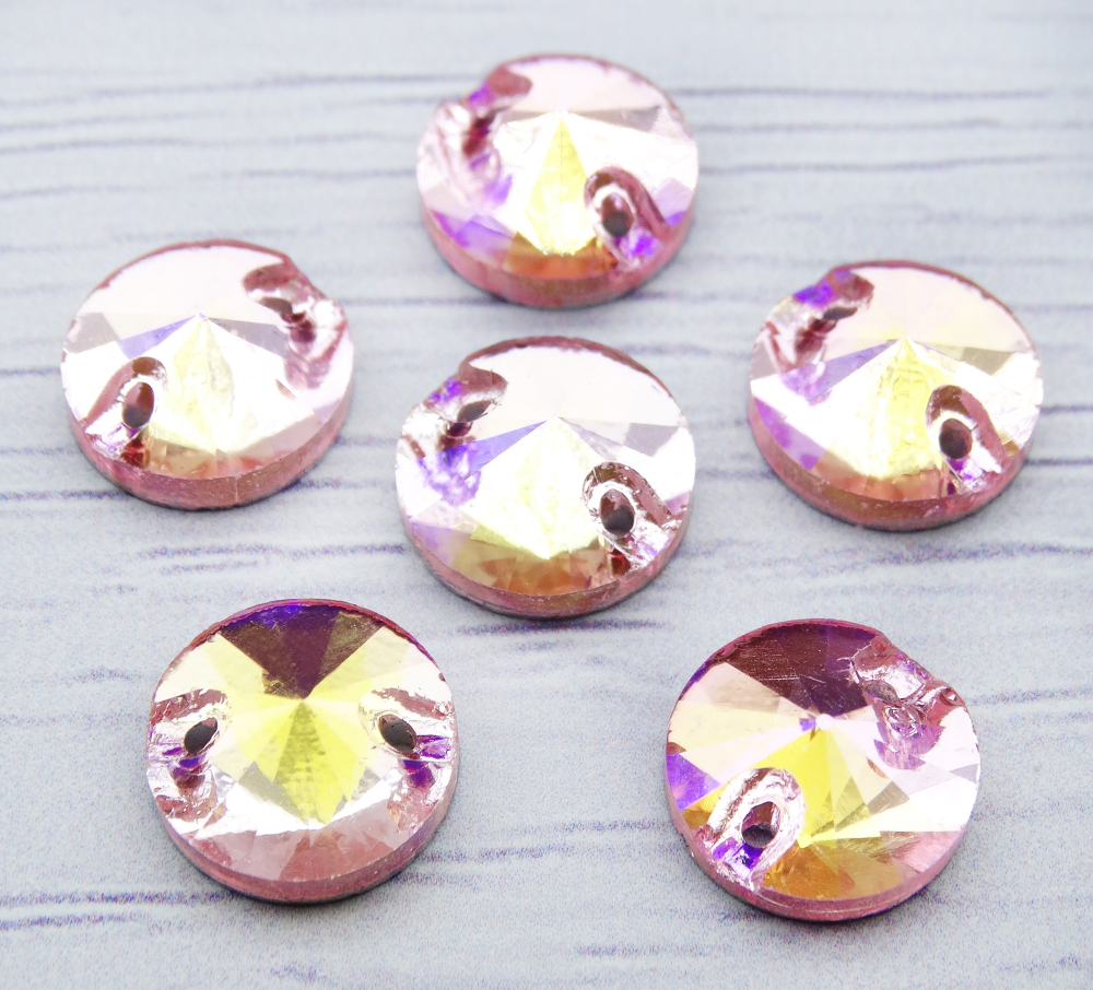 РИ016ДС10 Хрустальные стразы круглые пришивные "риволи", цвет: розовый AB, размер: 10 мм, 10 шт.