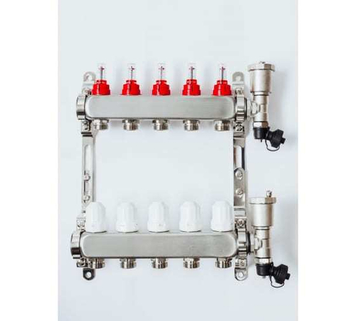 Коллекторная группа Grosseto с расходомерами 1"x¾" 5 выходов, нержавеющая сталь 10 бар универсальный кронштейн, автоматический воздухоотводчик