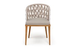 "Диего" стул плетеный из роупа, основание дуб каркас из стали белый муар, роуп бежевый круглый, ткань бежевая 052