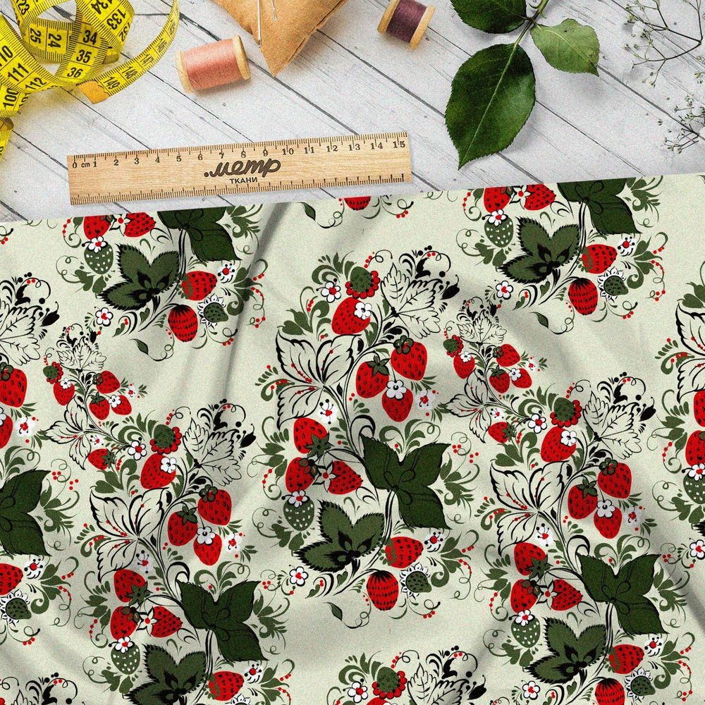 Ткань шелк Армани земляника с листьями