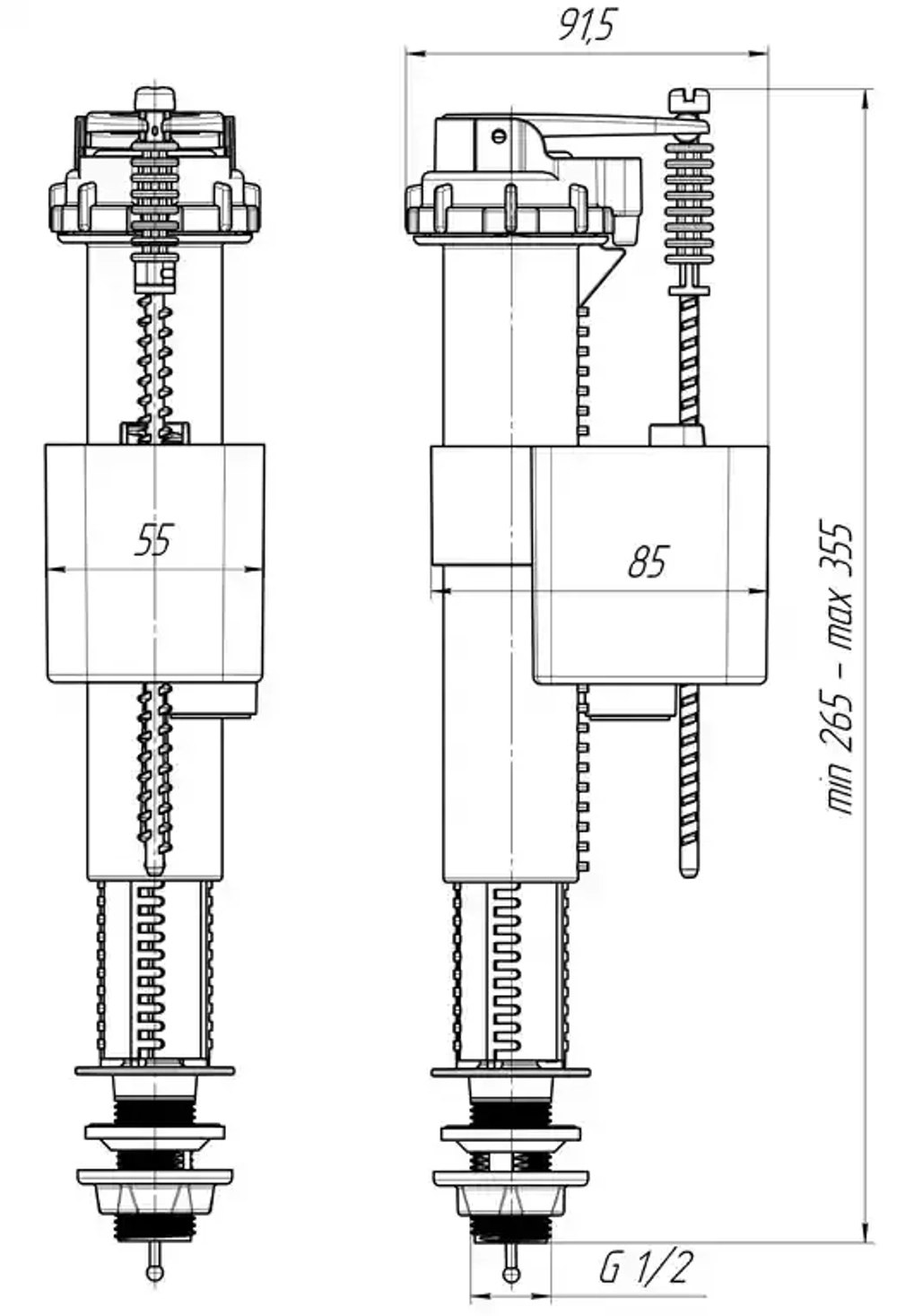 Наливной механизм бачка унитаза с нижней подводкой и пластиковой резьбой диаметром 1/2"
