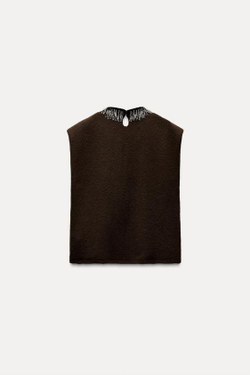 ZARA ТРИКОТАЖНЫЙ ТОП С БУСИНАМИ НА ГОРЛОВИНЕ, ТЕМНЫЙ ХАКИ