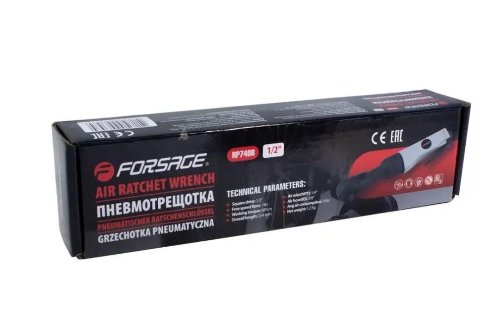 Пневмотрещотка 68Нм, 1/2''(потребление 77л/мин, 160 об/мин, L-254мм,6.3Bar,штуцер 1/4'') Forsage F-RP7408