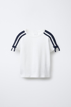 ZARA ФУТБОЛКА С ПОЛОСАМИ И БАНТАМИ, БЕЛЫЙ