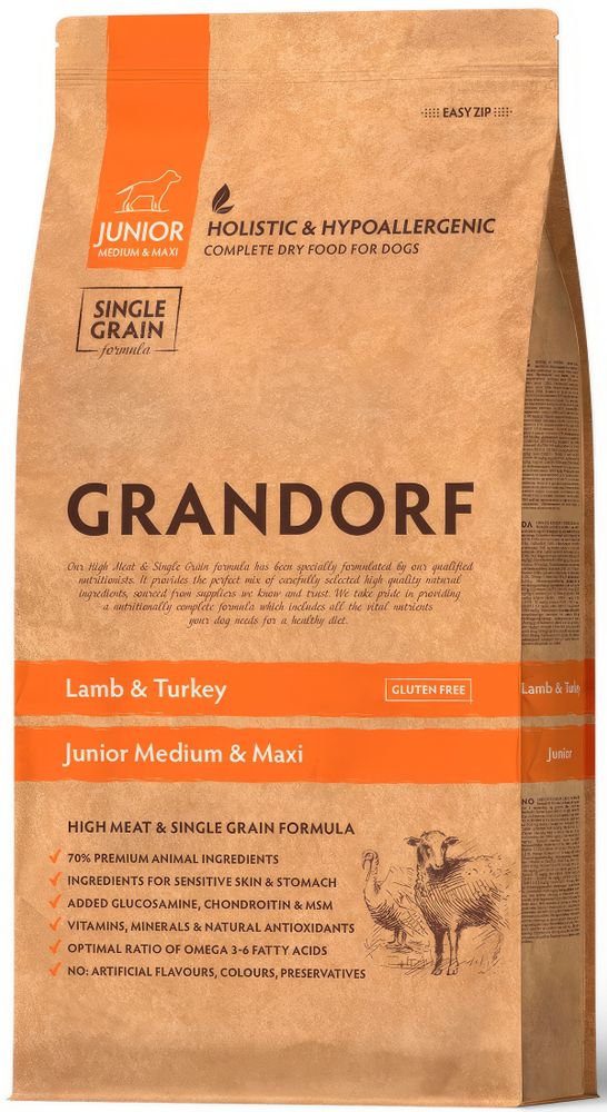Grandorf 10кг Lamb &amp; Turkey Junior Medium &amp; Maxi Holistic для щенков средних и крупных пород от 4 месяцев, беременных и кормящих сук, ягненок с индейкой