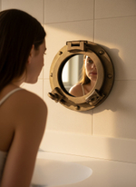 Девушка смотрит в латунное зеркало-иллюминатор WOODandROOT в ванной комнате, тёплый рассеянный свет и спокойная атмосфера утреннего интерьера.