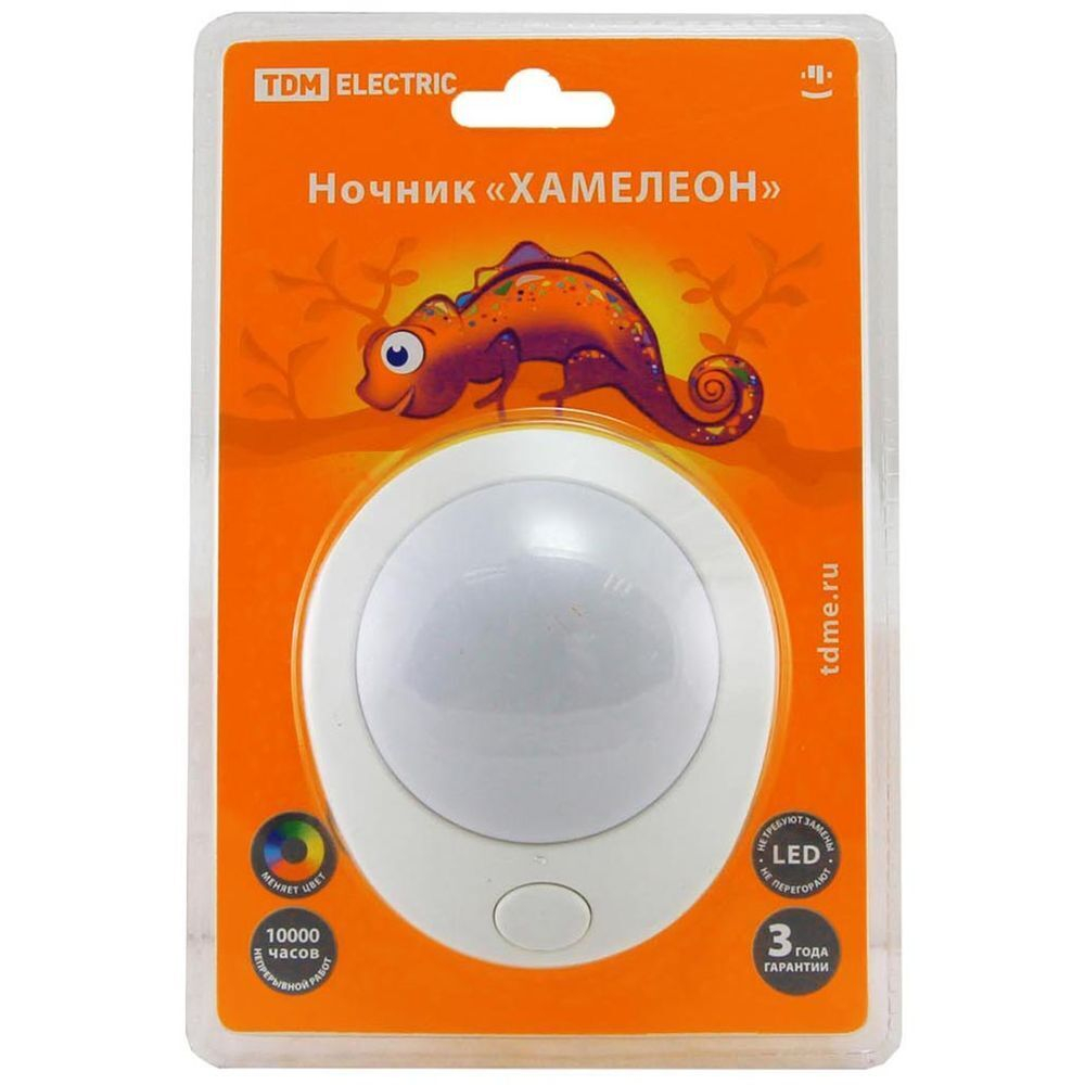 Фонарь ночник TDM, Хамелеон, в розетку, пластик, 0.5 Вт, 220 В, с выкл, D 75, SQ0357-0007