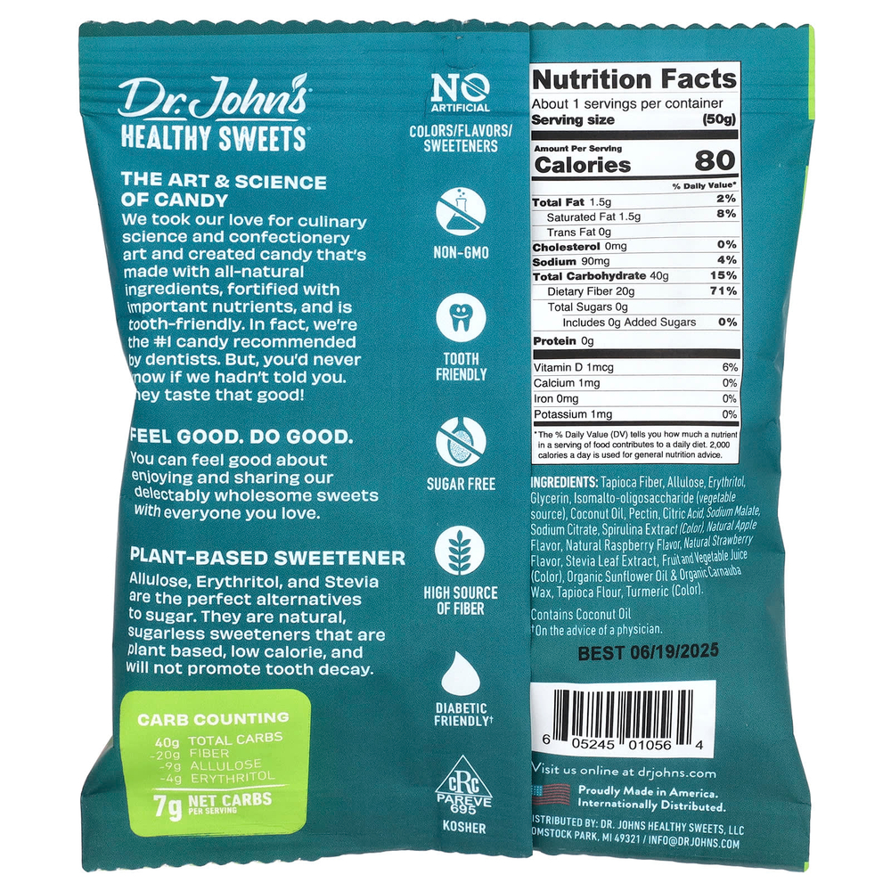 Dr. John's Healthy Sweets, Жевательные квадратики, без сахара, зеленое яблоко, голубая малина и клубника, 50 г (1,8 унции)