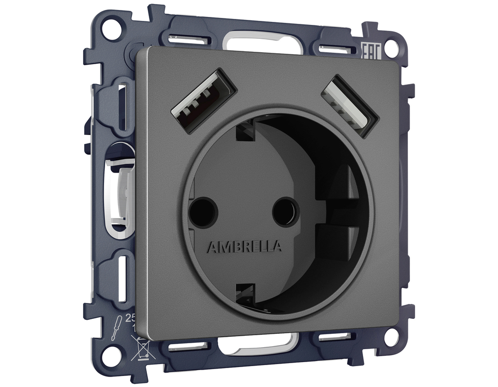 MA659010 Комплект механизма электрической розетки ALFA Антрацит серый 2USB A+A 18W (быстрая зарядка) с/з QUANT (AP6590, VM155)