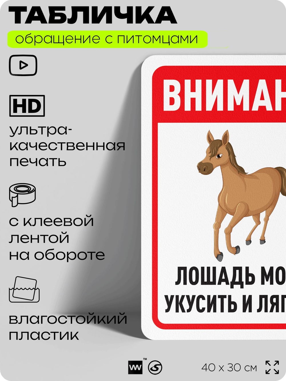 Табличка "Лошадь может укусить и лягнуть" на дверь и забор, для конюшни, фермы, деревни, 40х30 см, Silver Plane x Айдентика Технолоджи
