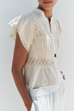 ZARA ТОП В СТИЛЕ РУСТИК С КРУЖЕВОМ КРОШЕ, СВЕТЛО-БЕЖЕВЫЙ