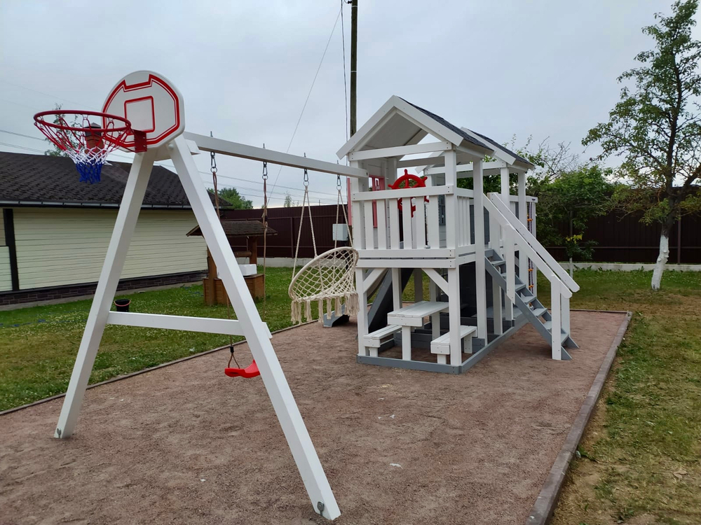 Детский деревянный домик с качелями Флоренция + спортивная секция