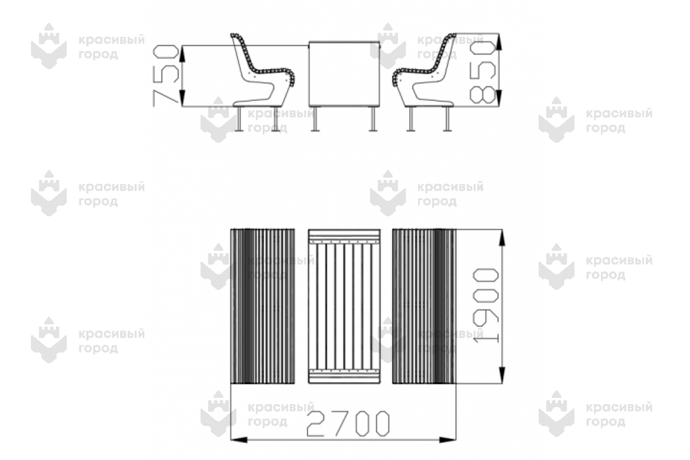 Стол с двумя скамьями со спинками на металлическом основании