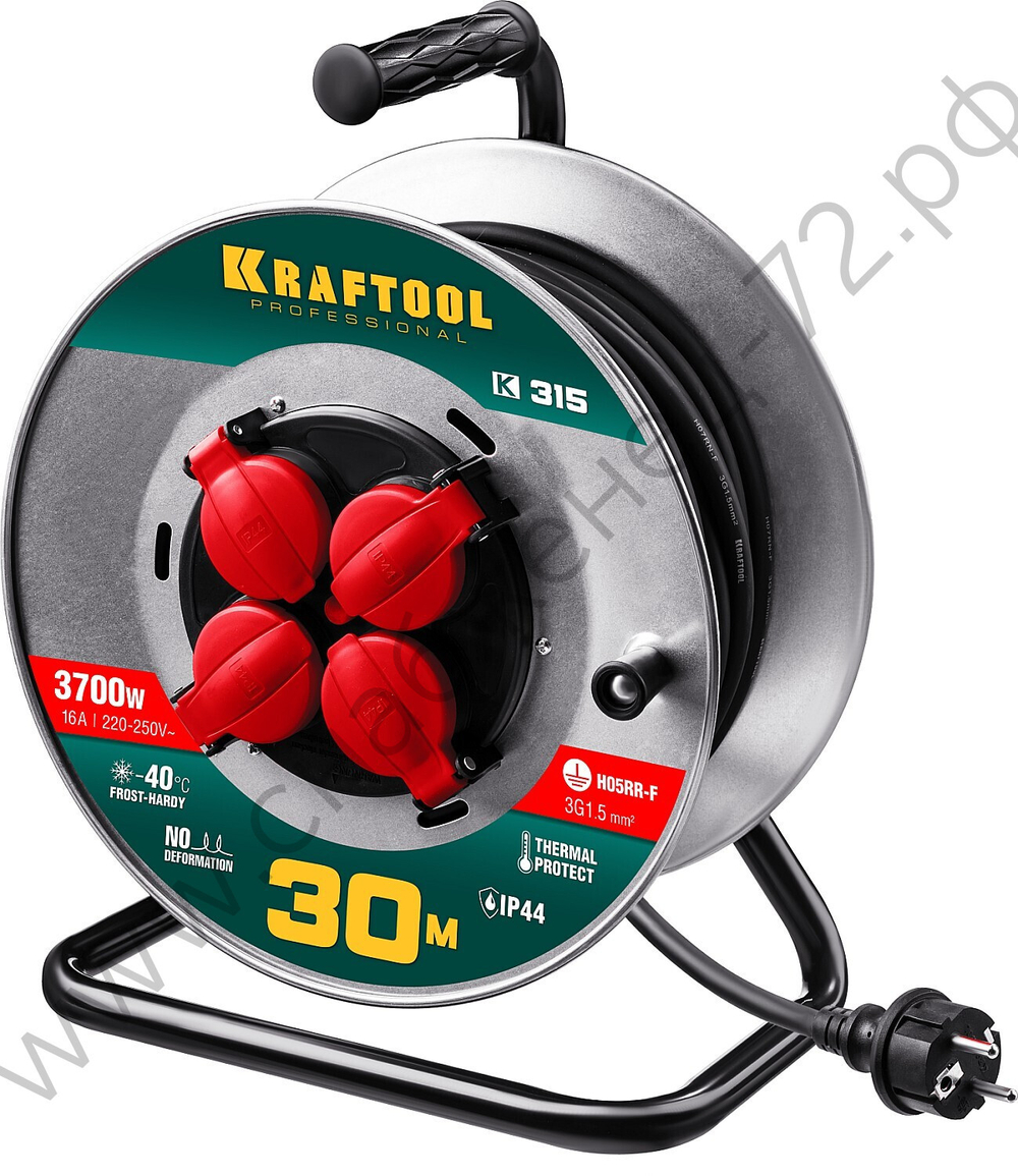 KRAFTOOL K-315, КГ 3х1.5 30м 3700Вт IP44, Силовой удлинитель на стальной катушке (55085-30)