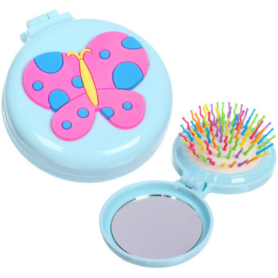 Расческа массажная детская складная «Barbariska», с зеркалом, бабочка, разноцветные зубчики, цвет голубой, d-7см