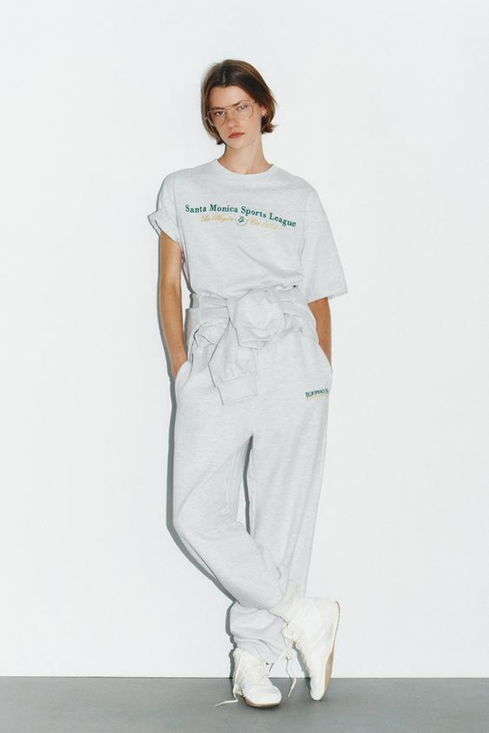 ZARA ХЛОПКОВЫЕ БРЮКИ С НАДПИСЬЮ, СЕРЫЙ МЕЛАНЖ