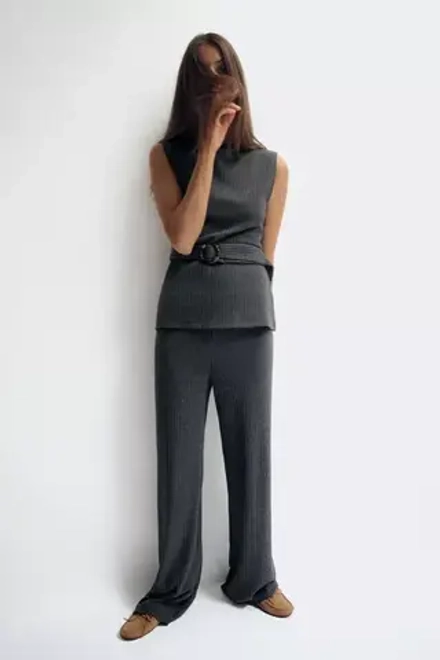 ZARA ТОП В РУБЧИК С ПОЯСОМ, СЕРЫЙ С МЕЛАНЖЕВЫМ ЭФФЕКТОМ