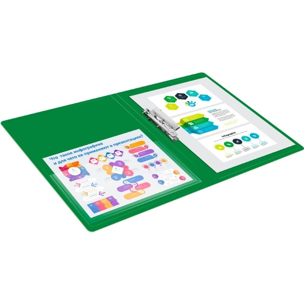 Папка с зажимом Бюрократ, A4, 16 мм, 700 мкм, внутренний и торцевой карман, зеленая