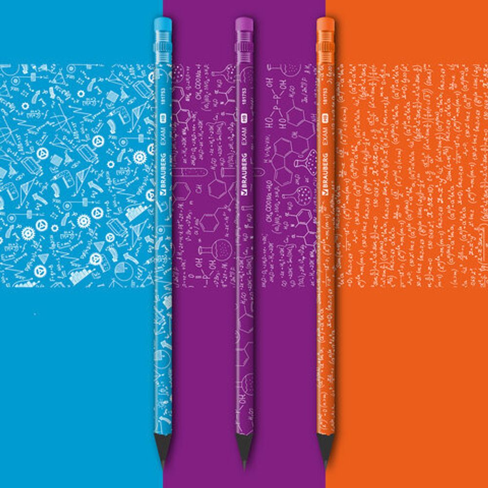 Карандаш чернографитный BRAUBERG "EXAM", 1 шт., HB, с ластиком, корпус ассорти, 181753