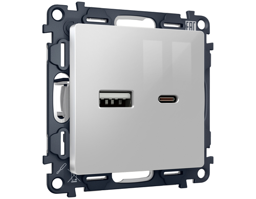 MA411010 Комплект механизма розетки ALFA Серебро глянец 2USB A+C 20W (быстрая зарядка) QUANT (AP4110, VM177)