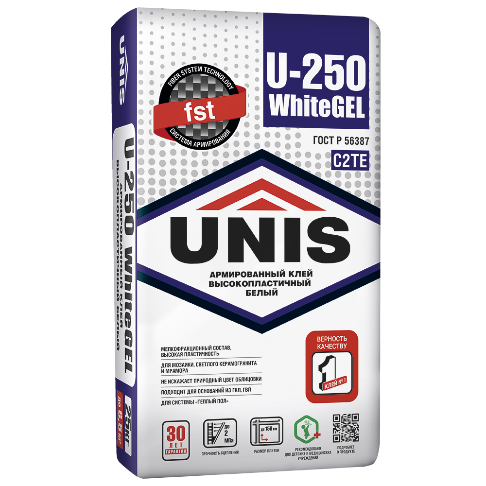 Клей для керамогранита белый Unis U-250 WhiteGEL C2TE 25кг