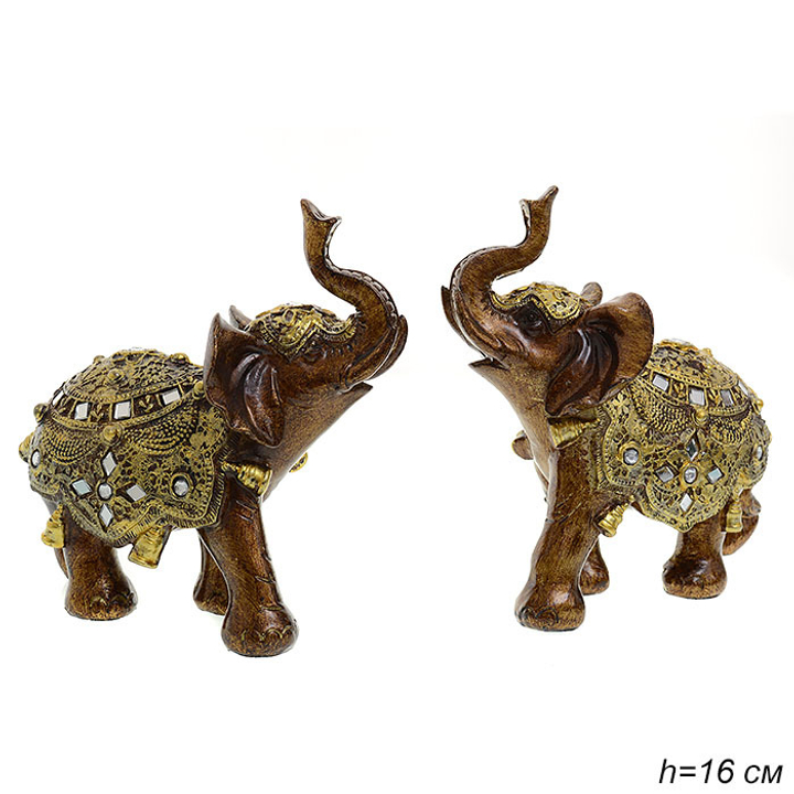 Статуэтка Слон коричневый в золотистой попоне, зеркала, полистоун 16,5 см
