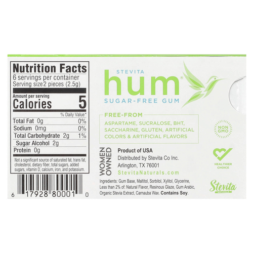 Stevita Naturals, Hum®, жевательная резинка без сахара, мята, 12 шт.