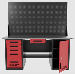 Верстак двухтумбовый дверь/5 ящиков с двумя экранами и ящиком, красный 1800*700 Garopt, GT1800DY1Y5PP2.red