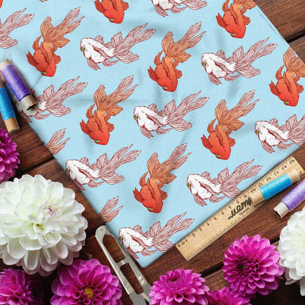 Ткань дюспо золотые и белые рыбки на голубом фоне