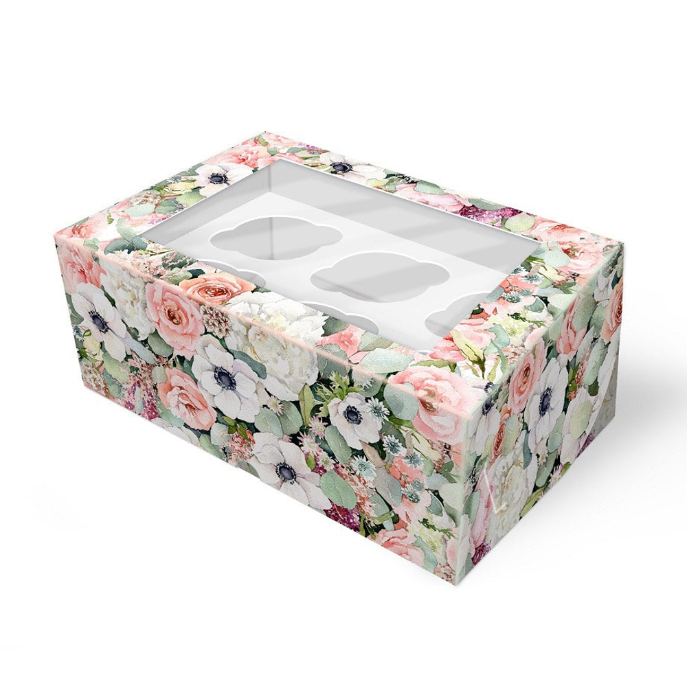 Упаковка для капкейков с окном Цветочки (6 ячеек ) 25*16*10 см