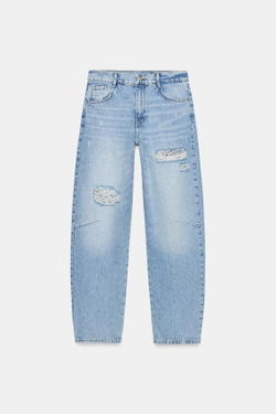 ZARA ДЖИНСЫ Z1975 BAGGY С РАЗРЕЗАМИ И КРУЖЕВОМ, ВЫЦВЕТШИЙ СИНИЙ