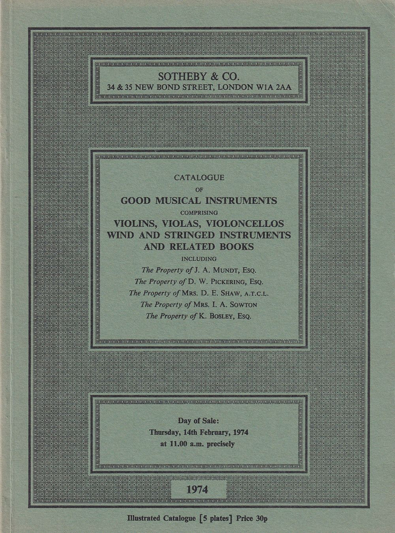 Каталог аукциона Sotheby's, Лондон, Музыкальные инструменты: Скрипки, виолончели, другие струнные инструменты, а также книги по музыке из частных коллекций от 14 февраля 1974 года