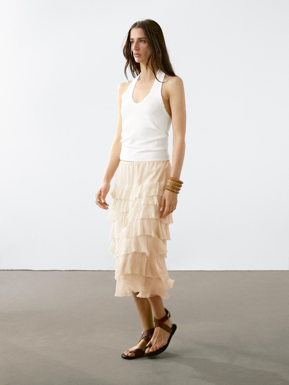 Massimo Dutti Короткая юбка с воланами, кремовый