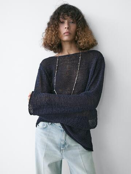 Massimo Dutti Трикотажный свитер из смесового хлопка с вырезом «лодочка», темно-синий