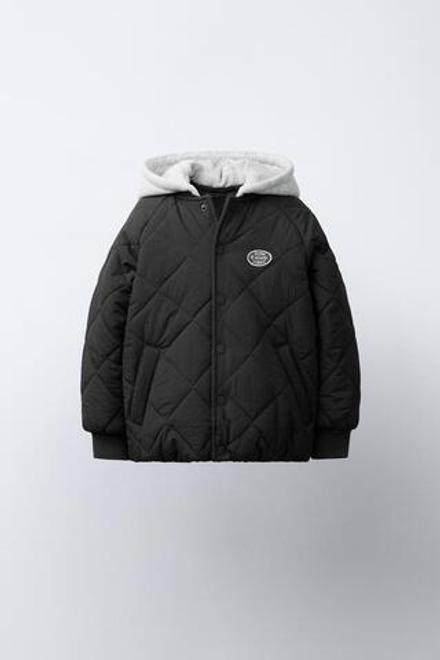 ZARA СТЕГАНАЯ КУРТКА С КОМБИНИРОВАННЫМ КАПЮШОНОМ, АНТРАЦИТОВО-СЕРЫЙ