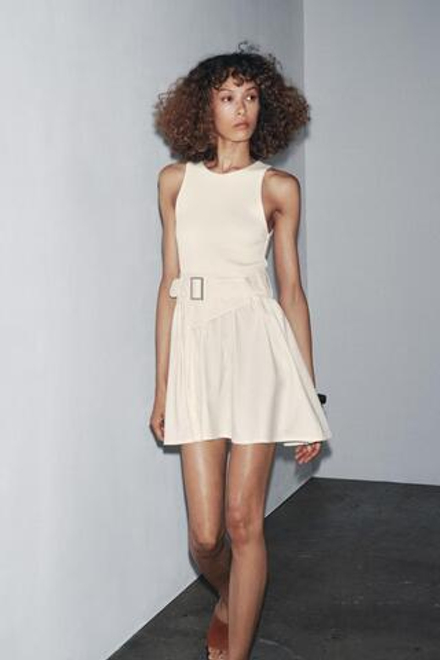 ZARA КОМБИНИРОВАННОЕ ПЛАТЬЕ ИЗ ТВИЛА С РЕМНЕМ, ЭКРЮ