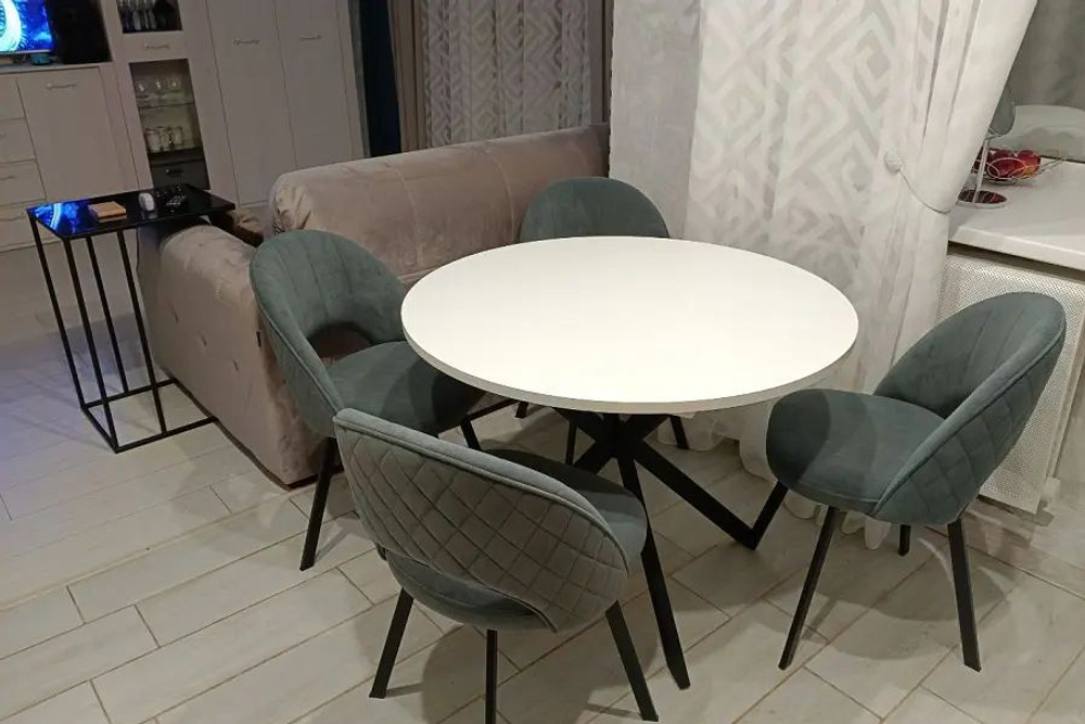 Стол кухонный обеденный круглый раздвижной Белый/Чёрный Муар, Мэдисон, 100,1х100х75 см