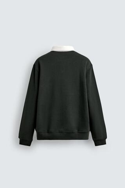 ZARA ТОЛСТОВКА-ПОЛО С КОНТРАСТНЫМ ВОРОТНИКОМ, ТЕМНО-ЗЕЛЕНЫЙ