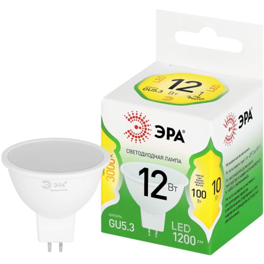 Лампа светодиодная ЭРА GREEN LINE LED MR16-12W-830-GU5.3 GL 12Вт софит теплый свет GU5.3 | Лампы cветодиодные Точечные (Софиты) (MR, PAR)
