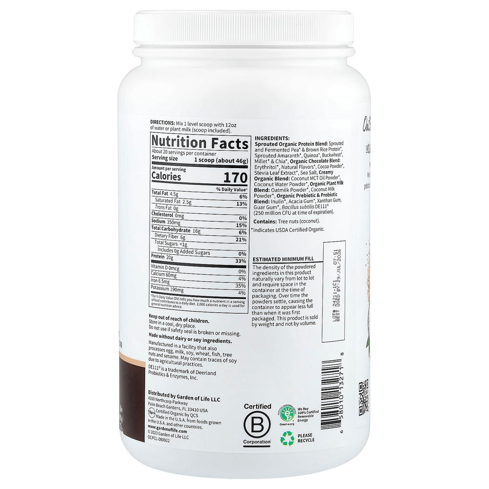 Garden of Life, органический протеиновый крем с порошком из овсяного молока, шоколадный брауни, 920 г (2 фунта)
