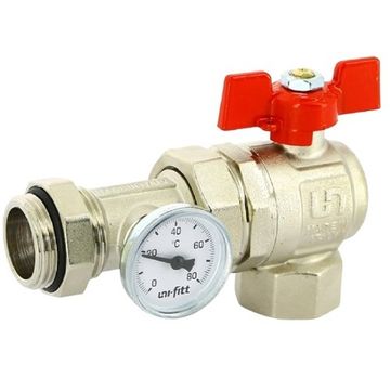 Кран шаровой коллекторный Uni-Fitt 1" НВ угловой с термометром ручка-бабочка 138T4000