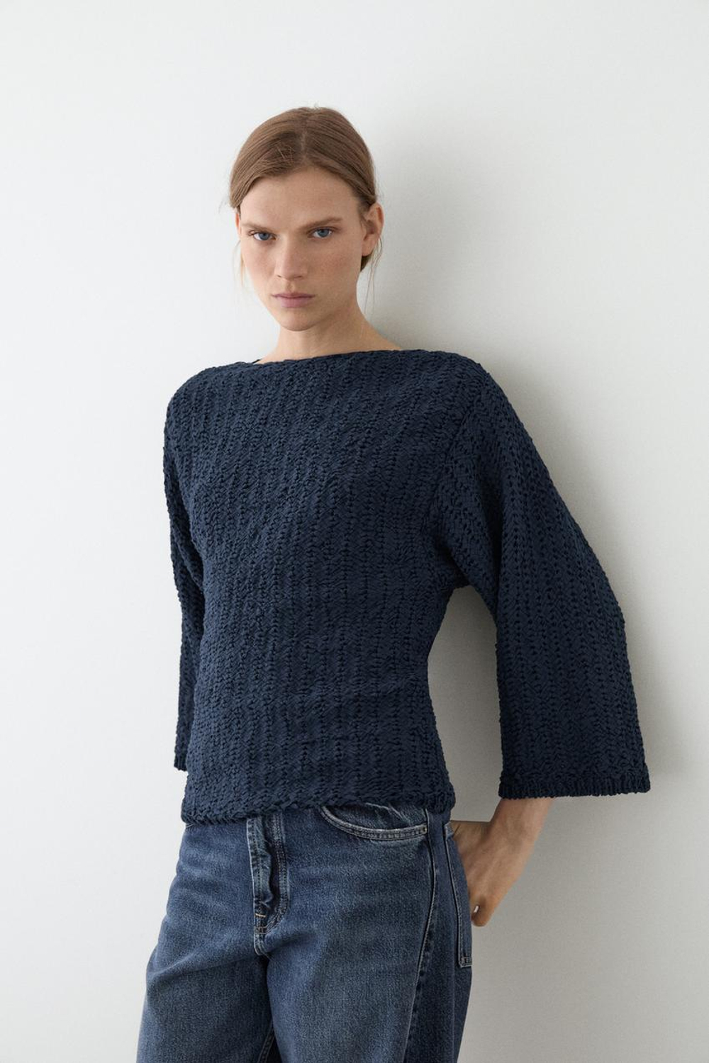 Massimo Dutti Хлопковый вязаный свитер, темно-синий